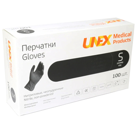 Перчатки нитриловые UNEX Medical, неопудренные, диагностические, черные, размер S, 100 шт. (50 пар)