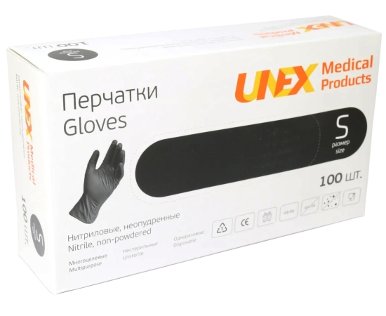 Рукавички нітрилові UNEX Medical, неопудрені, діагностичні, чорні, розмір S, 100 шт. (50 пар)