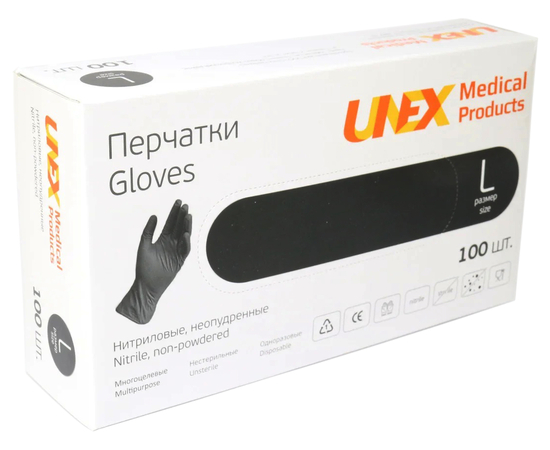 Рукавички нітрилові UNEX Medical, неопудрені, діагностичні, чорні, розмір L, 100 шт. (50 пар)