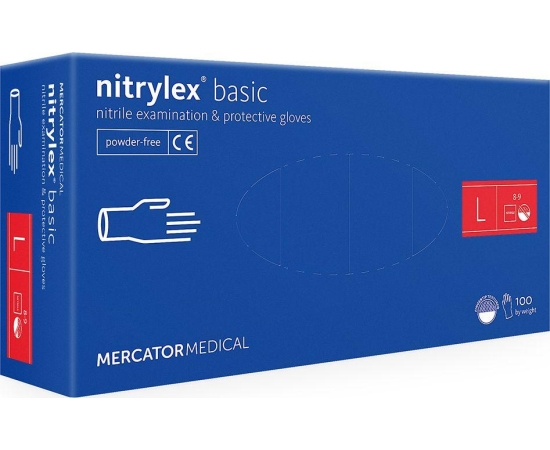 Рукавички нітрилові NITRYLEX Basic, неопудрені, діагностичні, сині, розмір L, 100 шт. (50 пар)