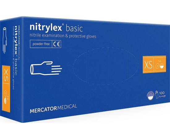 Рукавички нітрилові NITRYLEX Basic, неопудрені, діагностичні, сині, розмір XS, 100 шт. (50 пар)